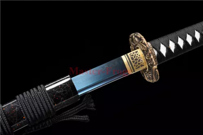 T10 Steel Clay Tempered Katana Japanese Samurai Sword Blue Blade Dragon Tusba