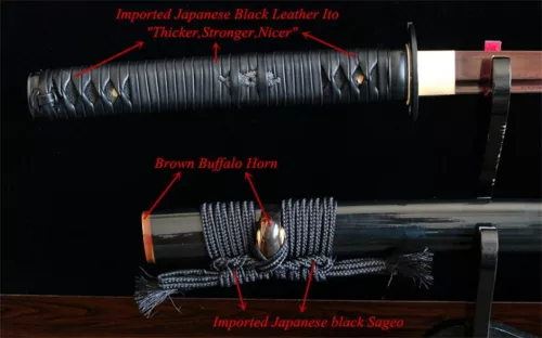 Damascus Folded Steel Japanese Katana Samurai Sword Red Blade Buffalo Horn Saya