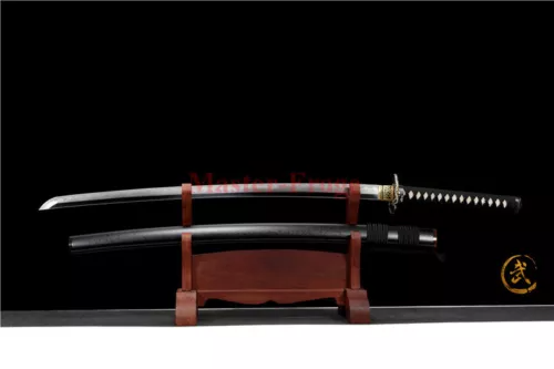 Japanese Katana Samurai Sword Folded Steel Clay Tempered Battle Ready Black Saya