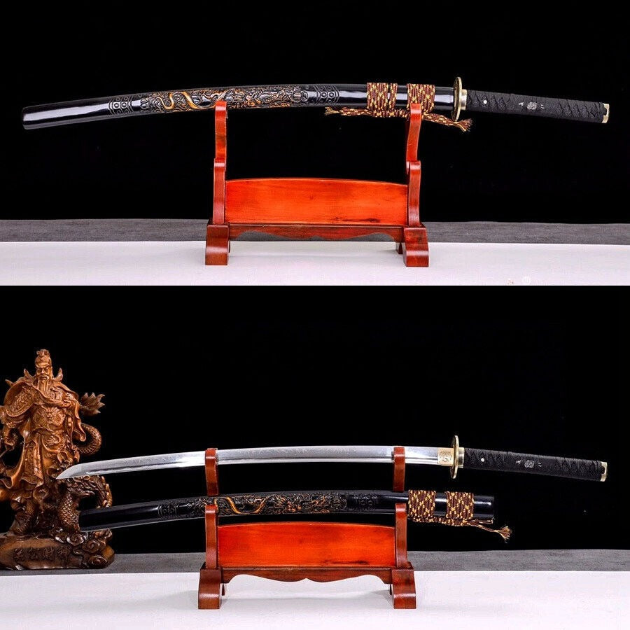 clay tempered differential hardened T10 steel japanese Katana sword Dragon saya.