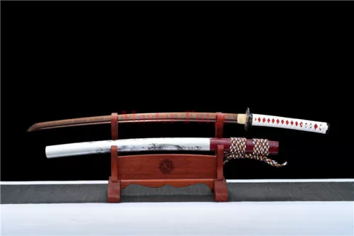 Folded Steel Clay Tempered Red Japanese Samurai Katana Sword Full Tang Sharp.