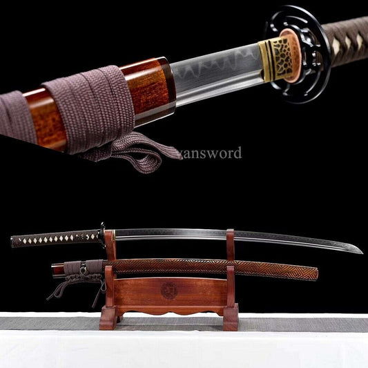 T10 Steel Clay Tempered Real Hamon Japanese Katana Sword With Brown Scabbard NEW