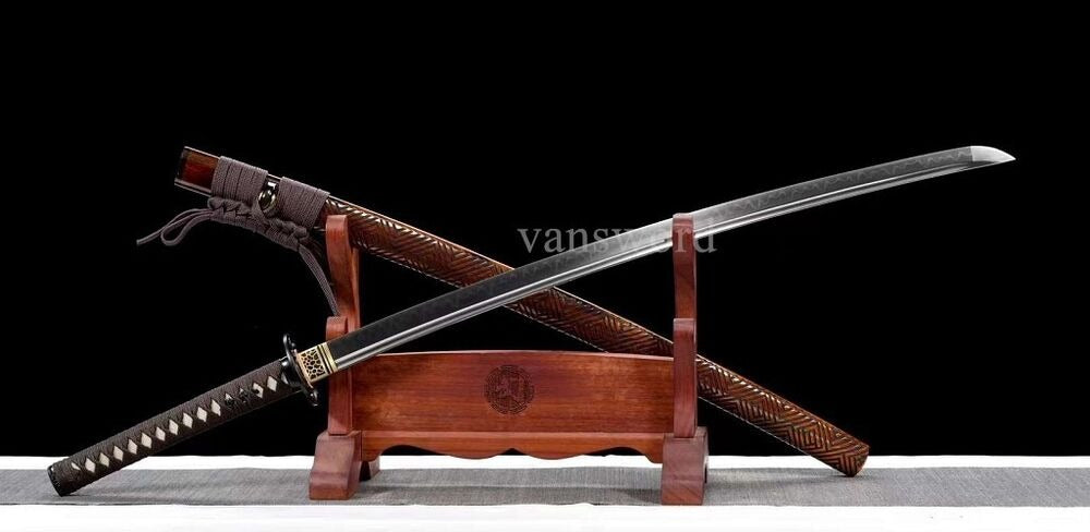 T10 Steel Clay Tempered Real Hamon Japanese Katana Sword With Brown Scabbard NEW