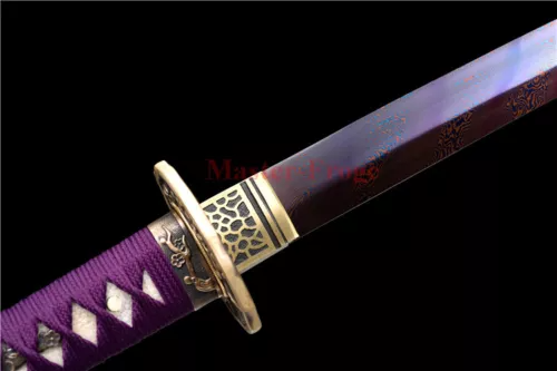 Damascus Folded Steel Japanese Katana Samurai Sword Battle Full Tang Purple