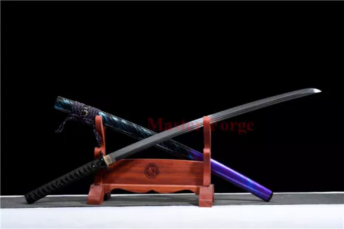 Japanese Samurai Clay Tempered T10 Steel Sword Full Tang Black Blade Sharp